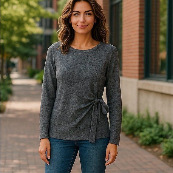 Ophelia Roe 2X Top Gray sparkly sweater/Side Tie Crew neck Long Sleeve soft knit - Picture 8 of 8